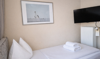 A simple room with a single bed and fresh towels. A picture of a bird hangs on the wall, and a television is also available.