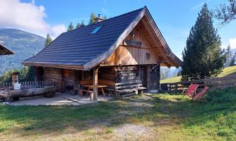 A cozy wooden cabin in a rural setting. In the background, mountains and green meadows can be seen.