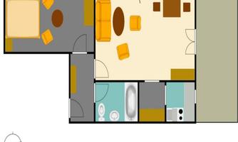 A simple floor plan drawing of an apartment with one bedroom, a living room, and a kitchen. The furniture is represented schematically, including a sofa, table, and chairs.