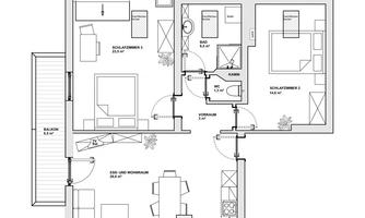 A floor plan of an apartment with three bedrooms, a living room, a dining area, and a kitchen. The plan also shows a balcony, as well as bathrooms and hallways.
