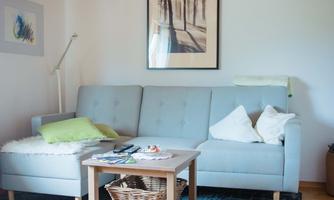 A cozy living room with a modern blue sofa and a wooden table. On the wall hangs a picture of trees and the floor is decorated with a carpet.