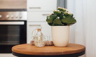 A small table with a plant in a white pot and a glass bottle. In the background, a modern kitchen can be seen.