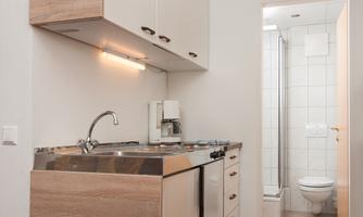 A modern kitchen corner with wooden cabinets and a stove. In the background, there is a small bathroom area with a shower and WC visible.