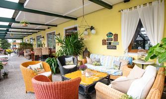 A cozy outdoor area with comfortable furniture and many plants. The walls are painted yellow, creating an inviting atmosphere.