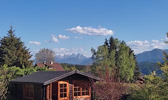 A cozy wooden house surrounded by trees and green plants. In the background, majestic mountains and a clear sky can be seen.