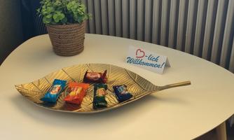 A decorative tray in the shape of a leaf with colorful candies on it. Next to the tray is a welcome sign and a small potted plant.