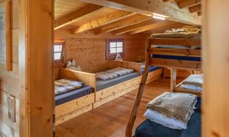 A cozy room with wooden walls and several bunk beds. Light streams through the windows, creating an inviting atmosphere.