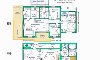 A floor plan drawing of a house with two stories. The depiction includes rooms such as a living room, bedroom, and wellness area.