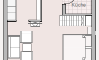 A floor plan drawing of an apartment with various rooms. The kitchen, a living room, and a balcony are clearly recognizable.