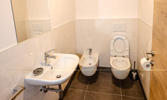 A modern bathroom with a sink, a bidet, and a toilet. The room has minimal decoration and a bright, clean atmosphere.