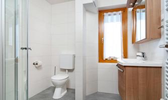 A modern bathroom with a shower, a toilet, and a sink. Bright tiles and wooden paneling create a friendly atmosphere.