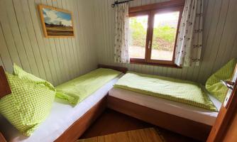 A cozy bedroom with two beds and green bedding. The window offers a view of nature.