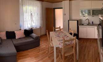 A cozy living space with a seating area and a dining table. The bright kitchen is well-equipped and offers plenty of space.
