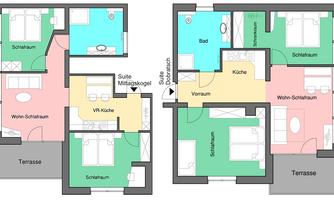A schematic representation of two floors with different rooms. The rooms include a bedroom, kitchen, bathroom, and an entrance hall, surrounded by terraces.