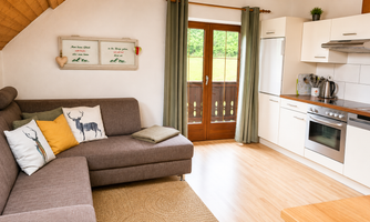 A cozy living space with a gray couch and decorative pillows. The open kitchen is modern, with access to a balcony and plenty of natural light.