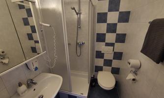 A small bathroom with a shower, a sink, and a toilet. The walls are light tiled with blue accents.