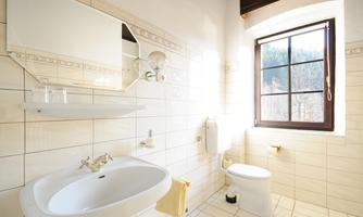 A bright bathroom with a sink, a toilet, and a window that offers a view of nature. The walls are tiled, and there is a simple, modern design.