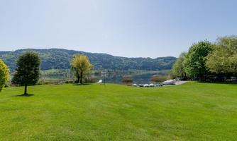 A quiet lake with green grass and trees along the shore. In the background, gentle hills are visible under a clear blue sky.