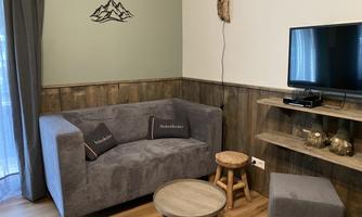 A cozy living room with a gray sofa, a small table, and a TV unit. Mountains are hanging on the wall, and there are wooden panels for a rustic atmosphere.