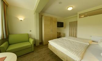 A modern hotel room with a double bed, a comfortable sofa, and a television. The walls are light and the floor is wooden, creating a pleasant atmosphere.