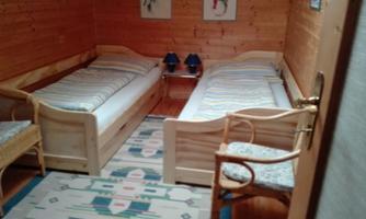 A cozy bedroom with two single beds. The walls are made of wood, and there is a nice rug and lamps on the nightstands.