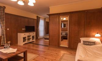 A cozy bedroom with wooden paneling and a large mirror. The room features a bed, a couch, and a television.