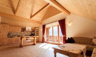 A bright and cozy living room with a wooden ceiling and large windows. The modern kitchen is integrated into the space and offers a view of the balcony.
