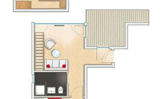 A floor plan of a house with two bedrooms and one bathroom. The living area has access to a terrace.