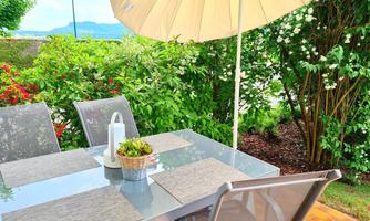 A beautiful table with chairs under a parasol amidst green plants and flowers. The atmosphere is cozy and inviting.