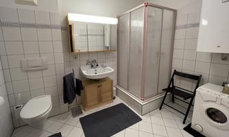 A modern bathroom with a shower, a sink, and a toilet. The walls are tiled and a washing machine is also available.