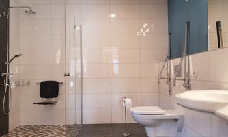 A modern bathroom with a walk-in shower and a toilet. The walls are tiled in light colors, and there are practical grab bars.