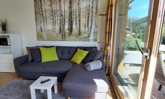 A cozy living room with a gray sofa and colorful cushions. Large windows provide a view of nature outside.