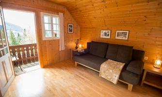 A cozy room with wooden paneling and a sofa. The view leads to a balcony overlooking nature.