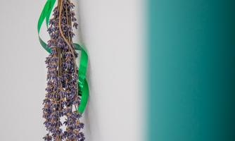 A dry bouquet of lavender hangs on the wall. It is adorned with a green ribbon and stands out against a turquoise background.