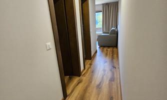 A bright hallway with wooden flooring and modern doors. At the end of the hallway, a cozy living room is visible.