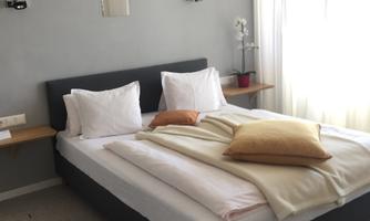 A cozy bedroom with a large bed and fresh bedding. Bright curtains and a plant create an inviting atmosphere.
