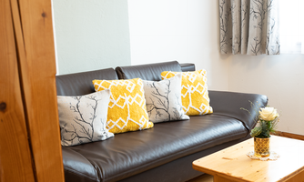 A cozy living room scene with a brown sofa and colorful cushions. A small table with a blooming plant is located next to the sofa.