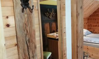 Wood-paneled wall with mirror and deer-shaped coat hook; part of the room with bed is visible through the doorway.