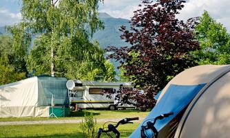 A peaceful campsite with tents and motorhomes surrounded by trees. In the background, mountains and a blue sky can be seen.