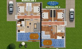 A view of two bungalows, Bungalow 3 and Bungalow 4, with a clear layout. The surroundings feature lawns and two cars.