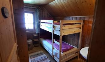 A cozy room with a wooden bunk bed and a bright wooden ceiling. The room is well-lit and has a window with an outside view.