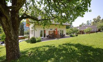 A beautiful house with a green garden and a large tree in the foreground. There is a table with chairs on the terrace and a sunny, clear sky.