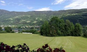 A green meadow with colorful flowers in the foreground. In the background, there are wooded hills and a blue sky.