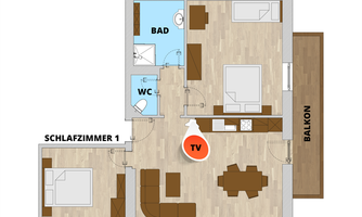 A floor plan of an apartment with two bedrooms, one bathroom, and an open living, dining, and cooking area. The balcony is also drawn in.