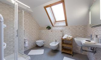 A modern bathroom with a shower and a skylight. There is a sink, a toilet, and a bidet-like fixture.