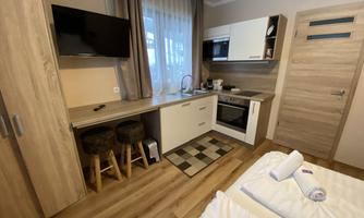 A modern kitchenette in a cozy room with wooden flooring. There is a television, chairs, and daylight from a window.