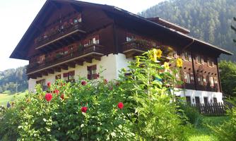 A picturesque wooden house surrounded by colorful flowers and green meadow. In the background, gentle hills and trees can be seen.