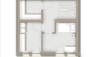 A modern floor plan illustration with various rooms. The layout shows living and sleeping areas, as well as a staircase.