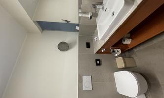 A modern bathroom with a toilet, a sink, and a wooden shelf. The walls are in neutral colors and there is a mirror.