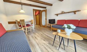 A cozy living and dining room with red sofas and a small table. The wooden beam ceiling and the wooden chair give the room a warm atmosphere.